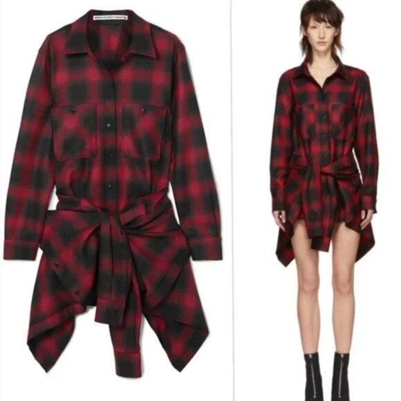 Alexander Wang 100% Wool  Red & Black Check Tie Front Flannel Jumpsuit Size S - Picture 1 of 16